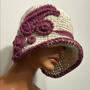 Handcrafted Cream and Plum trim  Crochet Hat